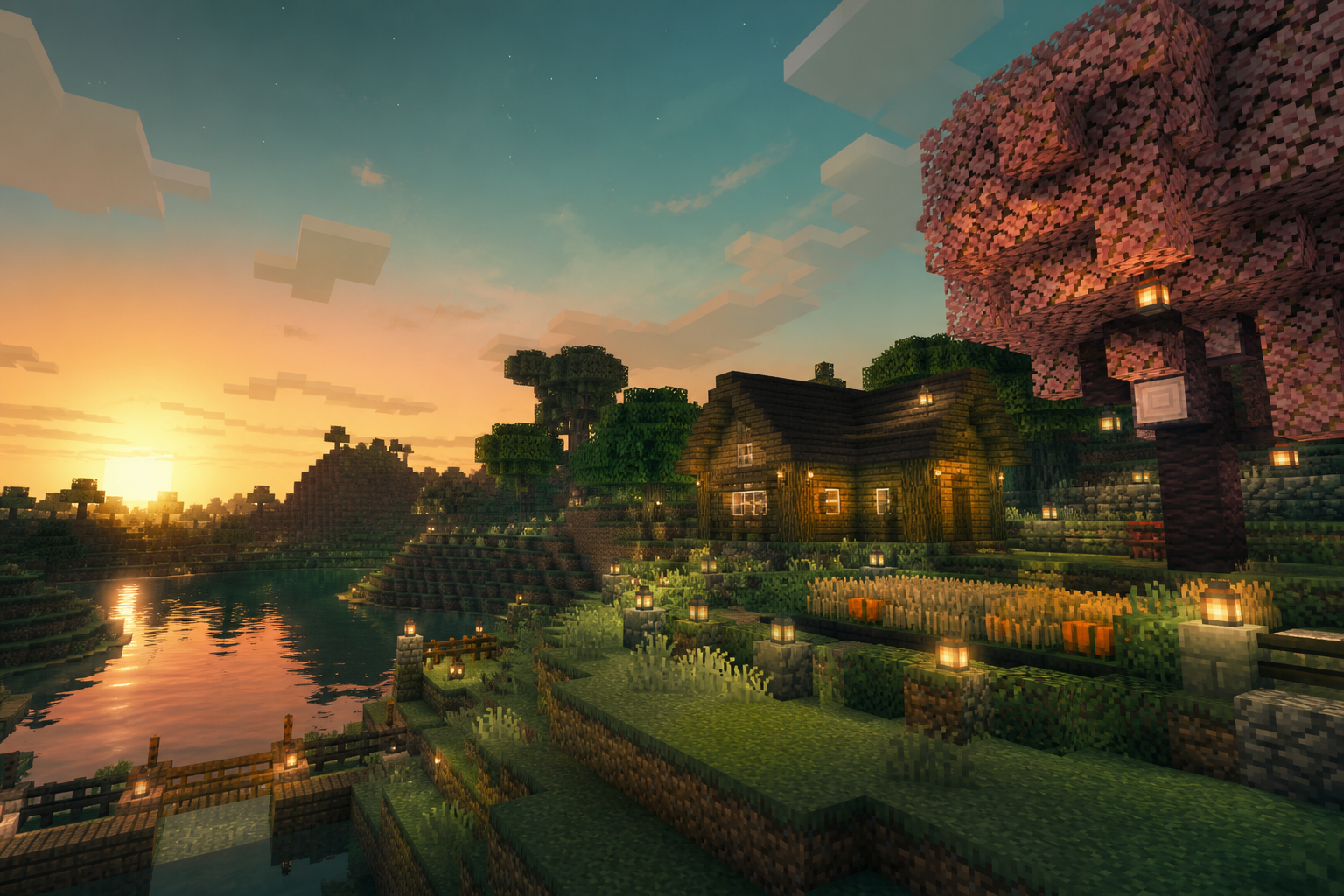 A cozy claimed Minecraft homestead at dusk