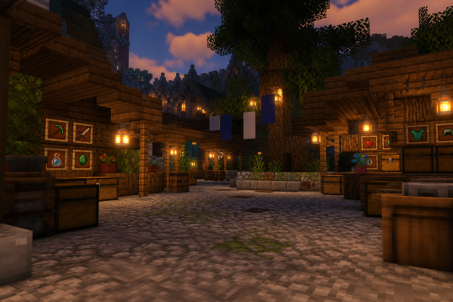 A warm Minecraft market square with lanterns and stalls